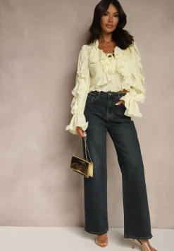 Granatowe Jeansy o Szerokim Kroju z Bawełną High Waist Vitira