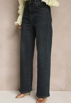 Granatowe Jeansy o Szerokim Kroju z Bawełną High Waist Vitira