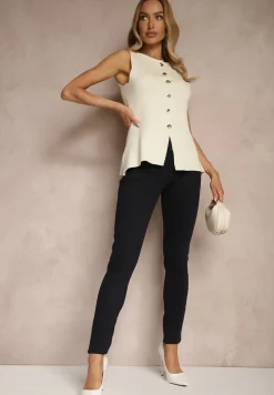 Granatowe Jeansy Skinny Basic z Dodatkiem Bawełny Carenil