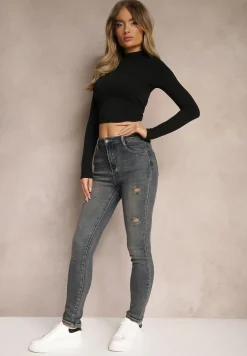 Granatowe Jeansy Skinny High Waist Wykończone Przetarciami Nevelisa