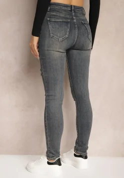 Granatowe Jeansy Skinny High Waist Wykończone Przetarciami Nevelisa
