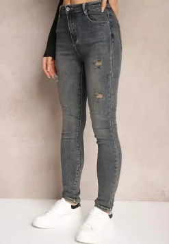 Granatowe Jeansy Skinny High Waist Wykończone Przetarciami Nevelisa