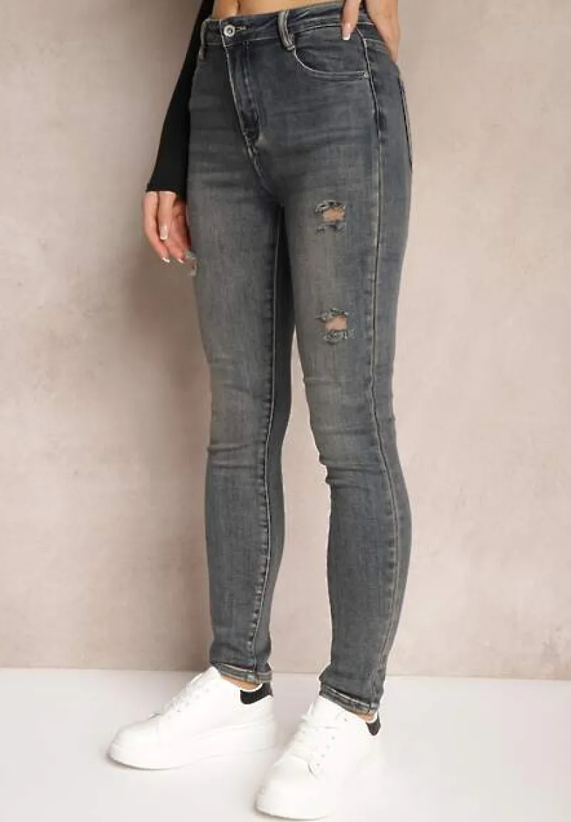 Granatowe Jeansy Skinny High Waist Wykończone Przetarciami Nevelisa