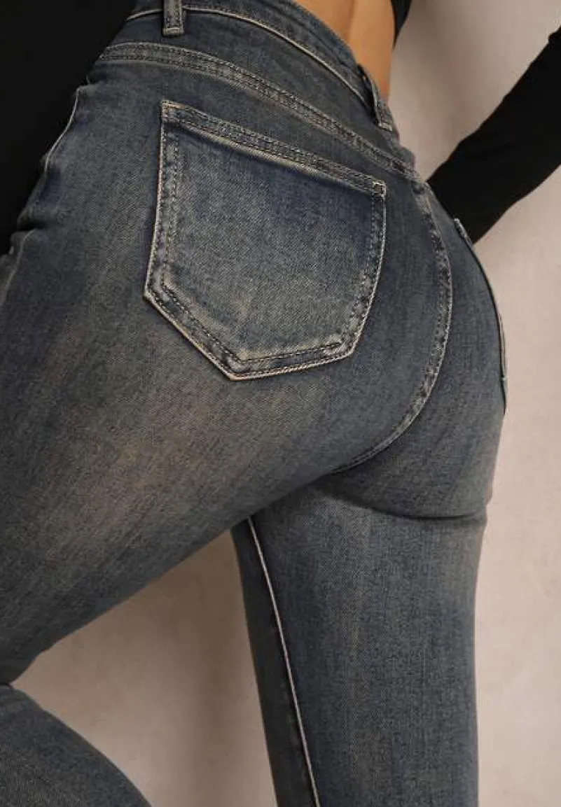 Granatowe Jeansy Skinny High Waist Wykończone Przetarciami Nevelisa