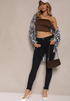 Granatowe Jeansy Skinny Regular Waist z Przetarciami przy Nogawkach Sonalena