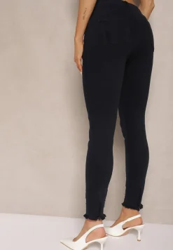 Granatowe Jeansy Skinny Regular Waist z Przetarciami przy Nogawkach Sonalena