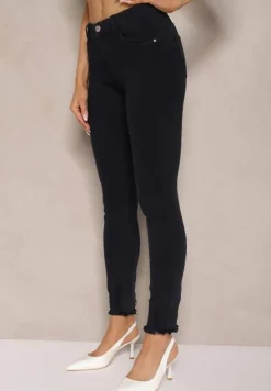 Granatowe Jeansy Skinny Regular Waist z Przetarciami przy Nogawkach Sonalena