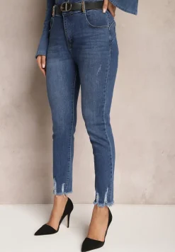 Granatowe Jeansy Skinny z Przedarciami i Łańcuszkami na Szlufkach Reila