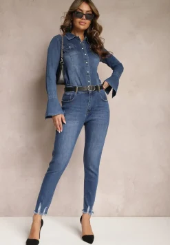 Granatowe Jeansy Skinny z Przedarciami i Łańcuszkami na Szlufkach Reila