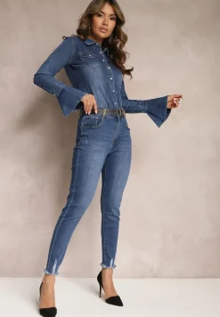 Granatowe Jeansy Skinny z Przedarciami i Łańcuszkami na Szlufkach Reila