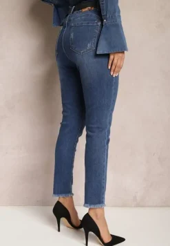 Granatowe Jeansy Skinny z Przedarciami i Łańcuszkami na Szlufkach Reila