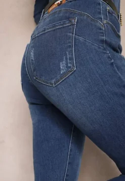 Granatowe Jeansy Skinny z Przedarciami i Łańcuszkami na Szlufkach Reila