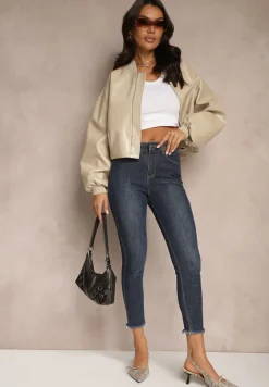 Granatowe Jeansy Slim z Elastyczną Talią Caliti