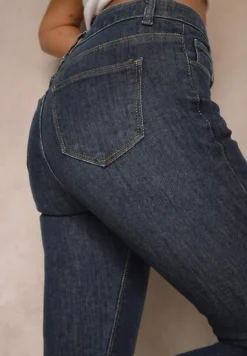 Granatowe Jeansy Slim z Elastyczną Talią Caliti