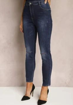 Granatowe Jeansy Typu Skinny z Delikatnymi Przetarciami Anrimes