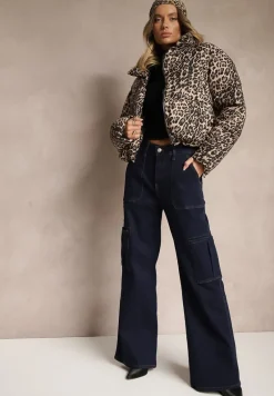 Granatowe Jeansy z Bawełną o Szerokim Kroju High Waist z Kieszeniami Cargo Phirinna