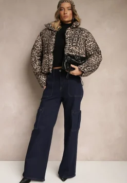 Granatowe Jeansy z Bawełną o Szerokim Kroju High Waist z Kieszeniami Cargo Phirinna