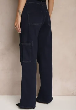 Granatowe Jeansy z Bawełną o Szerokim Kroju High Waist z Kieszeniami Cargo Phirinna