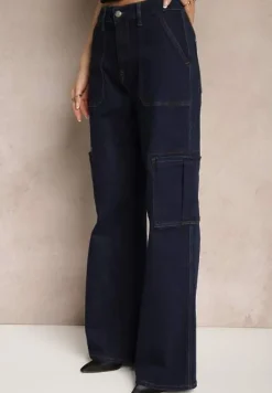 Granatowe Jeansy z Bawełną o Szerokim Kroju High Waist z Kieszeniami Cargo Phirinna