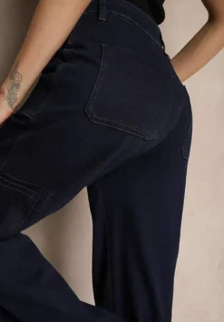 Granatowe Jeansy z Bawełną o Szerokim Kroju High Waist z Kieszeniami Cargo Phirinna