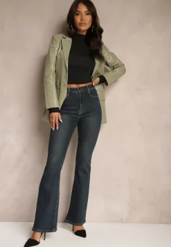 Granatowe Jeansy z Bawełną o Kroju Dzwonów Lortina