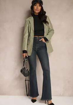 Granatowe Jeansy z Bawełną o Kroju Dzwonów Lortina