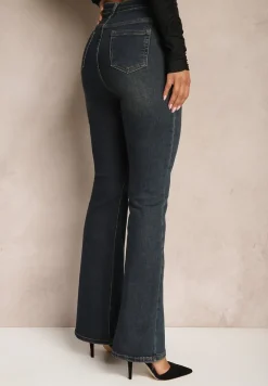 Granatowe Jeansy z Bawełną o Kroju Dzwonów Lortina