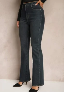 Granatowe Jeansy z Bawełną o Kroju Dzwonów Lortina