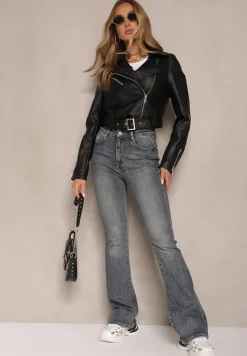 Granatowe Jeansy z Bawełny o Fasonie Dzwonów Divinea