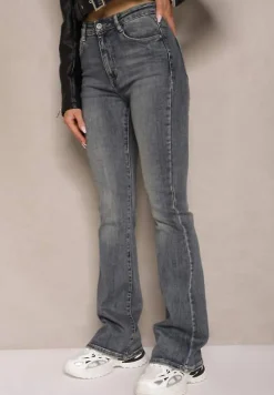 Granatowe Jeansy z Bawełny o Fasonie Dzwonów Divinea