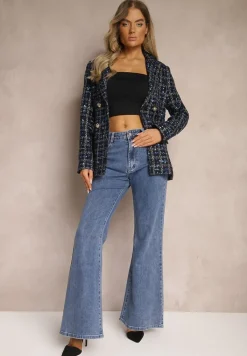 Granatowe Jeansy z Bawełny o Kroju Dzwonów High Waist Navilis