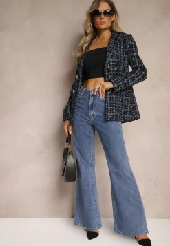 Granatowe Jeansy z Bawełny o Kroju Dzwonów High Waist Navilis