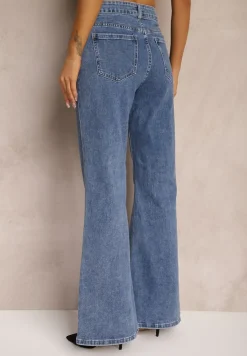Granatowe Jeansy z Bawełny o Kroju Dzwonów High Waist Navilis