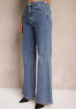 Granatowe Jeansy z Bawełny o Kroju Dzwonów High Waist Navilis