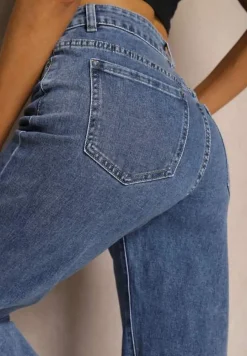 Granatowe Jeansy z Bawełny o Kroju Dzwonów High Waist Navilis