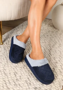 Granatowe Kapcie Futrzane Vices z Wkładką ze Skóry Naturalnej na Niskiej Platformie Ellisen