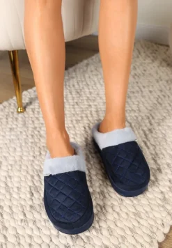 Granatowe Kapcie Futrzane Vices z Wkładką ze Skóry Naturalnej na Niskiej Platformie Ellisen