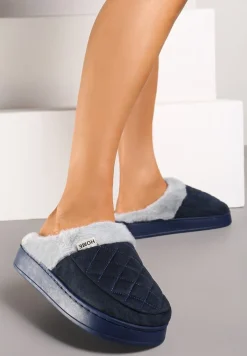 Granatowe Kapcie Futrzane Vices z Wkładką ze Skóry Naturalnej na Niskiej Platformie Ellisen