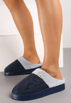 Granatowe Kapcie Futrzane Vices z Wkładką ze Skóry Naturalnej na Niskiej Platformie Ellisen