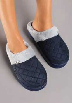 Granatowe Kapcie Futrzane Vices z Wkładką ze Skóry Naturalnej na Niskiej Platformie Ellisen
