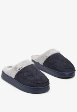 Granatowe Kapcie Futrzane Vices z Wkładką ze Skóry Naturalnej na Niskiej Platformie Ellisen