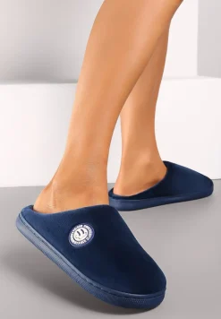 Granatowe Kapcie na Płaskiej Podeszwie Ozdobione Futerkiem w Stylu Baranka Mairelle