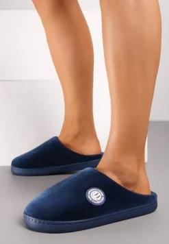 Granatowe Kapcie na Płaskiej Podeszwie Ozdobione Futerkiem w Stylu Baranka Mairelle