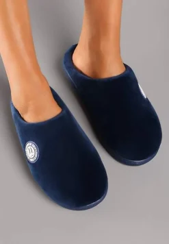Granatowe Kapcie na Płaskiej Podeszwie Ozdobione Futerkiem w Stylu Baranka Mairelle