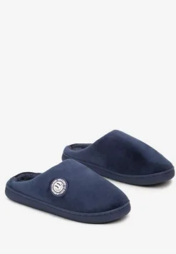 Granatowe Kapcie na Płaskiej Podeszwie Ozdobione Futerkiem w Stylu Baranka Mairelle