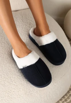 Granatowe Kapcie na Płaskiej Podeszwie z Futerkiem Lerivena