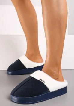 Granatowe Kapcie na Płaskiej Podeszwie z Futerkiem Lerivena
