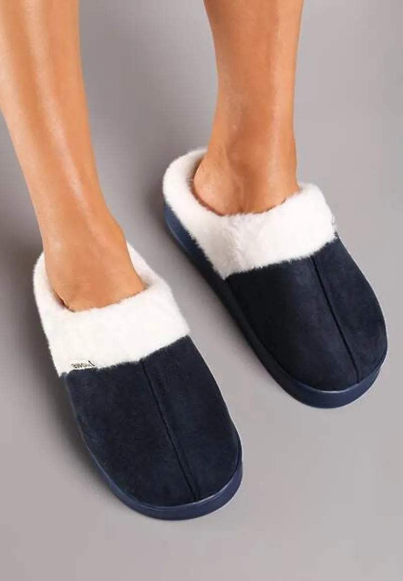 Granatowe Kapcie na Płaskiej Podeszwie z Futerkiem Lerivena