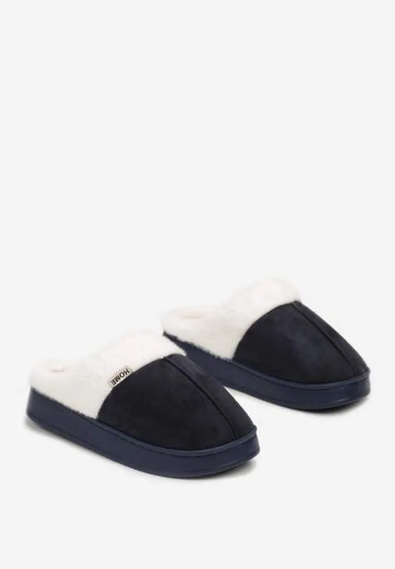 Granatowe Kapcie na Płaskiej Podeszwie z Futerkiem Lerivena