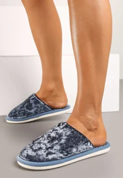 Granatowe Kapcie na Płaskiej Podeszwie z Welurowym Materiałem Temiga